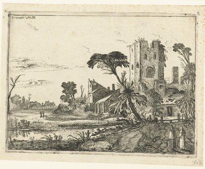 Twee monniken op een pad langs een vervallen toren door Esaias van de Velde