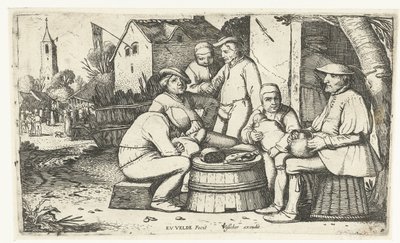 Zes boeren zittend rond een ton bij een herberg door Esaias van de Velde