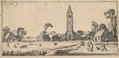 Landschap met een weide en een dorpskerk door Esaias van de Velde I