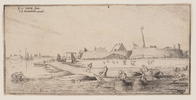 Vissers in roeiboten voor een ommuurde stad, uit Landschappen door Esaias van den Velde I