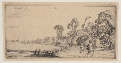 Landschap met een ruiter en een wandelaar op een weg, uit Landschappen door Esaias van den Velde I