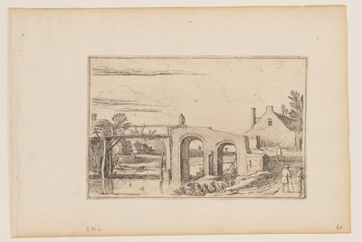 Pad rechts van een houten en stenen brug door Esaias van den Velde I
