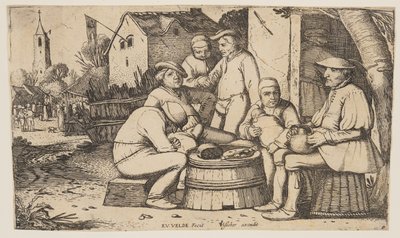 Zes boeren gebruiken een ton als tafel door Esaias van den Velde I