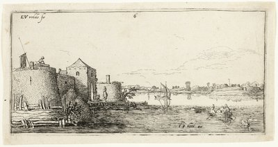 Tien landschappen: Ommuurde rivierstad links van een rivier door Esaias van den Velde I
