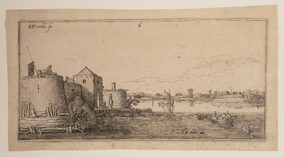 Ommuurde stad, links van een rivier, uit Landschappen door Esaias van den Velde I