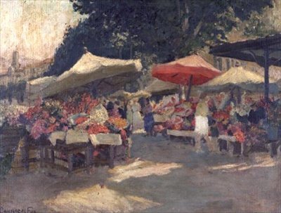 Drukke markt op een zomerse dag door Ethel Carrick Fox