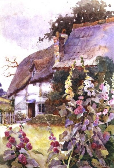 Stokrozen Buiten een Rieten Huisje door Ethel Davies