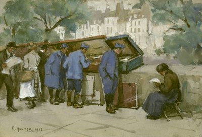 Franse soldaten en Bouquinistes langs de Seine, 1917 door Ethel Hunter