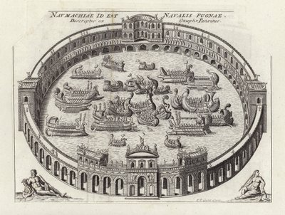 Zeeslag in een Romeins amfitheater (ets) door Etienne (after) Duperac