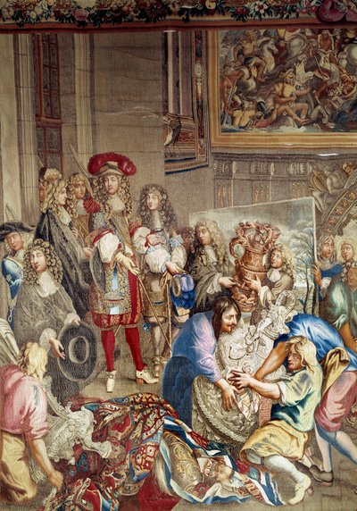 Bezoek van Lodewijk XIV aan de Manufacture des Gobelins in aanwezigheid van Jean Baptiste Colbert en schilder Charles Lebrun, 15 oktober door Etienne (studio of) Le Blond