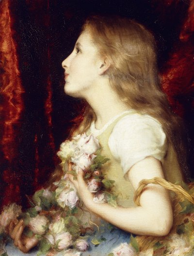 Een jong meisje met een mand bloemen door Etienne Adolphe Piot