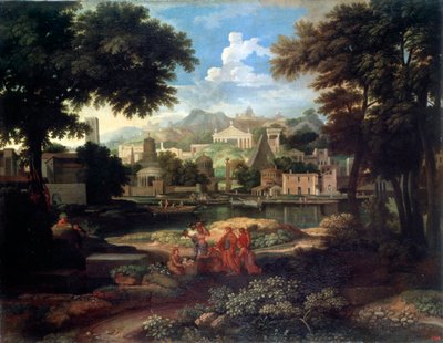 Landschap met Mozes gered uit de Nijl, eind 17e of 18e eeuw door Etienne Allegrain