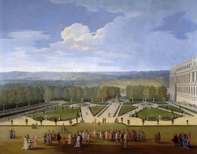 Lodewijk XIV en zijn hof op een wandeling in de tuinen van Versailles door Etienne Allegrain