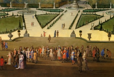 Promenade van Lodewijk XIV in het zicht van het noordelijke parterre in de tuinen van Versailles (detail) door Etienne Allegrain