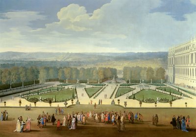 Promenade van Lodewijk XIV in zicht van het noordelijke parterre in de tuinen van Versailles door Etienne Allegrain
