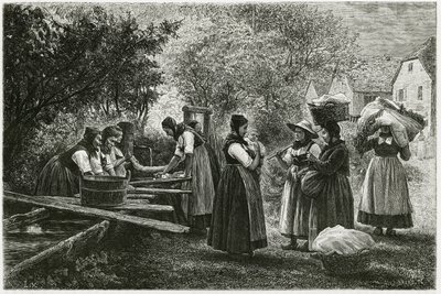 Een wasplaats in Metzeral, vrouwen in traditionele vallei-kostuums verzamelen zich bij de dorpsfontein. Gravure door E. Ronjat, ter illustratie van het verhaal 
