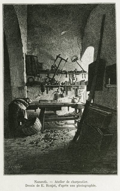 Timmerwerkplaats in Nazareth. Gravure door E. Ronjat, ter illustratie van het verhaal La Syria d