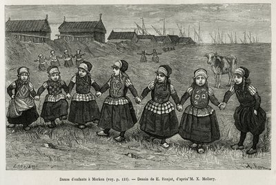 Kinderdansen in Marken (Nederland), gravure naar een tekening van E. Ronjat, illustratie van het verhaal van Nederland, door Charles de Coster, in 1878, gepubliceerd in Le tour du monde door Etienne Antoine Eugene Ronjat