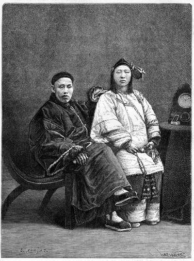 Koppel Chinese notabelen uit San Francisco (Verenigde Staten) in de 19e eeuw. Gravure naar een tekening van Ronjat, naar een foto, in 