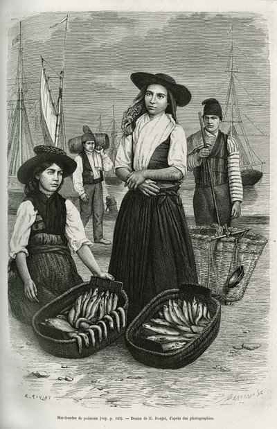Visverkopers, gekleed in het traditionele vrouwenkostuum: korte rok en geplooid, lijfje met zilveren knopen, bedekt met een brede zwarte vilten hoed. Gravure door E.Ronjat, ter illustratie van het verhaal een week in Lissabon, door Jules Leclercq, gepublic door Etienne Antoine Eugene Ronjat
