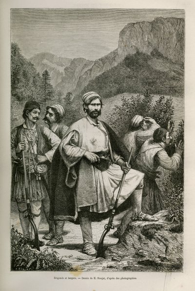 Griekse bandieten en herders, medeplichtigen in de bergen, tekening door E. Ronjat, ter illustratie van het verhaal van Henri Belle: Reis naar Griekenland door Etienne Antoine Eugene Ronjat