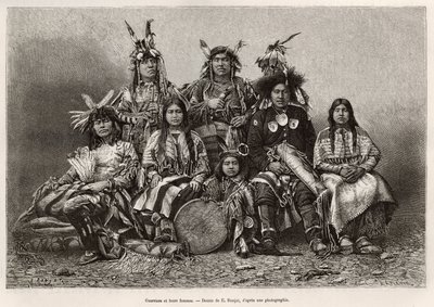 Indiaanse krijgers en hun vrouwen (Texas). Gravure naar de tekening van E. Ronjat, ter illustratie van het verhaal 