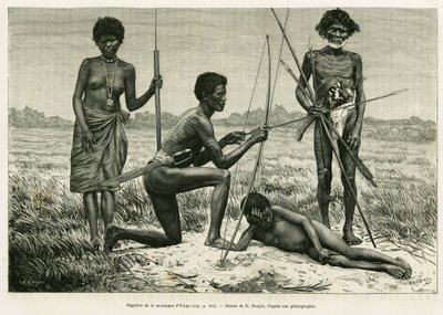 Negritos van de Yriga-berg. Gravure door E.Ronjat ter illustratie van het verhaal Lucon en Palaouan, zes jaar in de Filipijnen, door Alfred Marche (1844-1898), in le tour du monde 1886, onder leiding van Edouard Charton (1807-1890), Hachette, Parijs. door Etienne Antoine Eugene Ronjat
