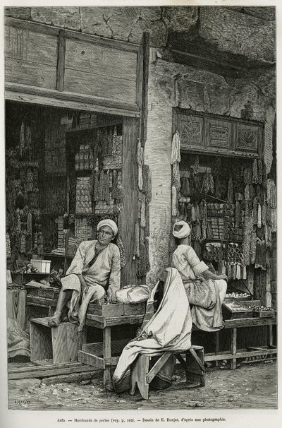Parelhandelaren in Jaffa (Israël). Gravure door E.Ronjat ter illustratie van La Syria d