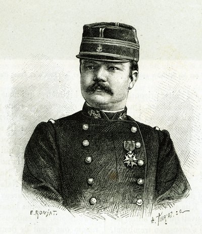 Portret van kapitein Valliere, van de marine-infanterie, tijdens de expeditie naar Afrika onder het bevel van Gallieni. Gravure door E. Ronjat, naar een foto, ter illustratie van het verhaal 