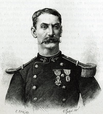 Portret van commandant Joseph Gallieni, tijdens de expeditie in Afrika (1879-1882). Gravure door E. Ronjat naar een foto, ter illustratie van het verhaal 