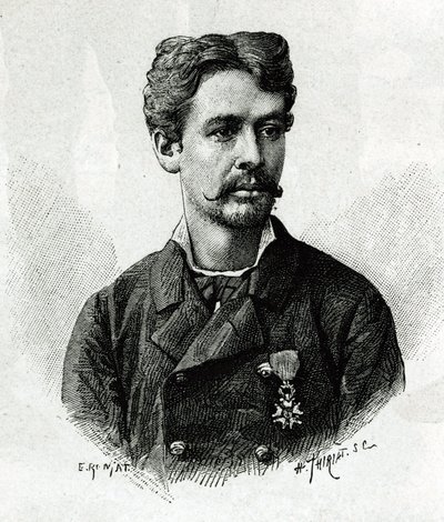 Portret van dokter Tautain, tijdens de expeditie naar Afrika 1879-1882, onder bevel van Gallieni. Gravure naar een foto ter illustratie van het verhaal 