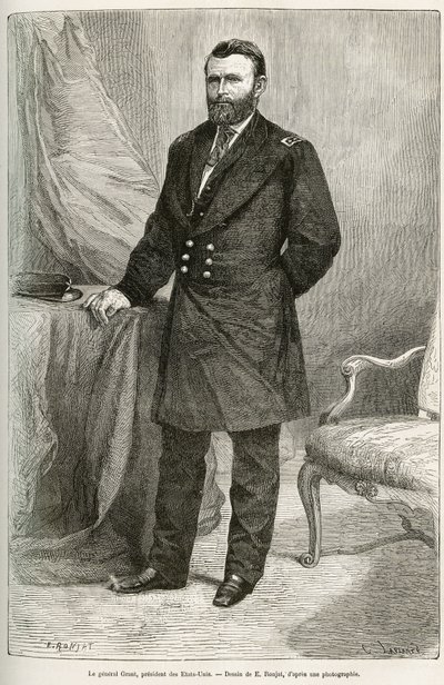 Portret van Ulysses Grant (1822-1885), Amerikaanse generaal, leider van de Unie-troepen tijdens de Secessieoorlog en 18e president van de Verenigde Staten (Verenigde Staten) voor twee termijnen van 1869 tot 1877. Gravure naar de tekening van E.Ronjat, ter  door Etienne Antoine Eugene Ronjat