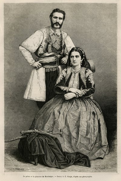 Portretten van de prins van Montenegro Nicholas I Petrovicz Niegosch (1841-1921) en zijn vrouw, Milena, geboren Voukovich (1847-1923), tekening door E. Ronjat, ter illustratie van de reis naar Montenegro, in 1874, door Charles Yriarte (1832-1898). Gravure  door Etienne Antoine Eugene Ronjat