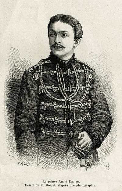 Prins Andre Dadian van Mingrelie (1850-1910), generaal van het Russische leger en schaakkampioen. Gravure door E. Ronjat, ter illustratie van het verhaal Un tour en Mingrelie (regio van Georgië, gelegen tussen de Kaukasus en de Rion), door Carla Serena, in door Etienne Antoine Eugene Ronjat