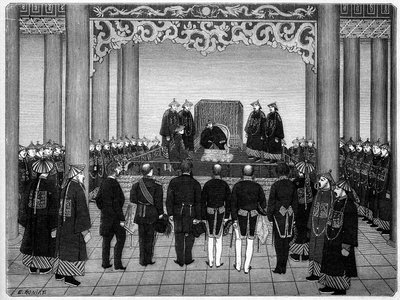 Ontvangst van een buitenlands diplomatiek corps door de keizer van China, 29 juni door Etienne Antoine Eugene Ronjat