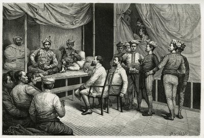 Ontvangst van reizigers in het paleis van de sultan van Soulou (of Sulu) (archipel van de Filipijnen), Mohammed Yamalul Alam. Gravure door E.Ronjat, ter illustratie van het verhaal 