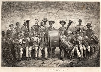 De band van de kinderen van de Gabon missie. Gravure naar de tekening van E. Ronjat, ter illustratie van de cruise langs de kust van Afrika, door vice-admiraal Fleuriot de Langle, in 1868, gepubliceerd in 