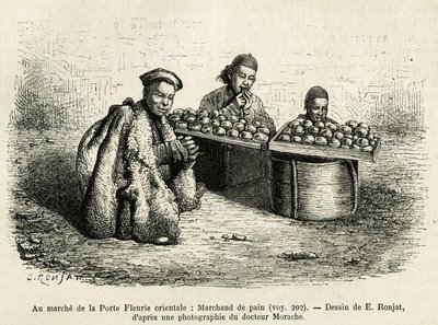 De broodverkoper, aan de voet van de Oriëntaalse Bloemenpoort van het Keizerlijk Paleis in Peking, een alledaagse scène. Gravure naar de tekening van E. Ronjat, ter illustratie van de reis naar Peking en Noord-China, door T. Choutze, in 1873, gepubliceerd  door Etienne Antoine Eugene Ronjat