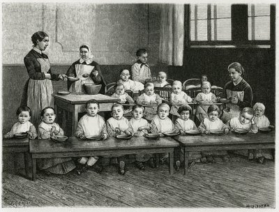 De maaltijd van de kinderen in de crèche. Gravure door E. Ronjat, ter illustratie van het verhaal 
