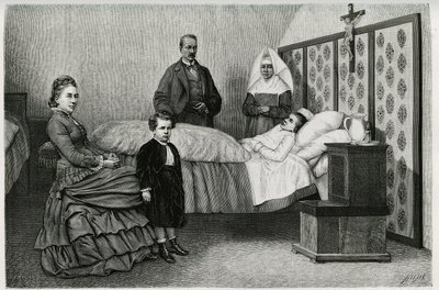 Het doktersconsult in het Logelbach-hospice. Gravure door E. Ronjat, ter illustratie van het verhaal 