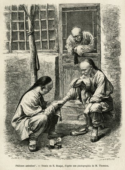 De wandelende pedicure, een veelvoorkomend tafereel uit het dagelijks leven in Chinese steden. Gravure naar de tekening van E. Ronjat, ter illustratie van de reis naar Peking en Noord-China, door T. Choutze, in 1873, gepubliceerd in 