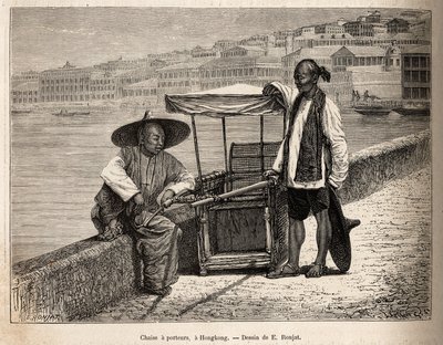 Twee dragers rusten naast hun rolstoel in Hong Kong, gravure naar een tekening van E. Ronjat ter illustratie van de reis naar China, door J. Thompson, 1870-1872, gepubliceerd in 