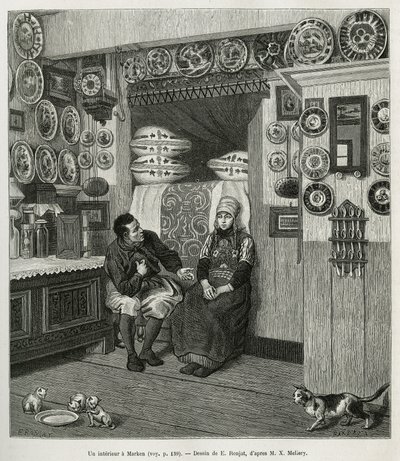 Een interieur in Marken (Nederland), gravure naar een tekening van E.Ronjat, ter illustratie van het verhaal van Nederland, door Charles de Coster, 1878, gepubliceerd in 