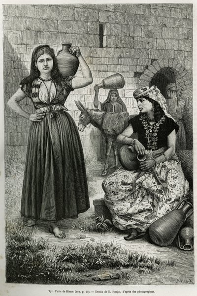 Vrouwen dragen kruiken, bij de bron van Hiram in Tyrus. Gravure door E. Ronjat, ter illustratie van het verhaal La Syrie d
