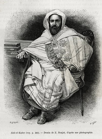 Portret van Abd El Kader (1808-1883) Algerijnse emir en sultan, soefi-theoloog, politicus en militair verzet tegen het Franse koloniale leger, ook schrijver, dichter en filosoof. Gravure door E. Ronjat, ter illustratie van het verhaal La Syria d