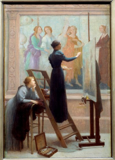 In het Louvre (twee vrouwen die de fresco van Botticelli kopiëren) door Etienne Azambre