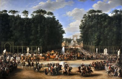 De huwelijksstoet van Napoleon I en Marie-Louise die de Jardin des Tuileries oversteken op 2 april door Etienne Barthelemy Garnier