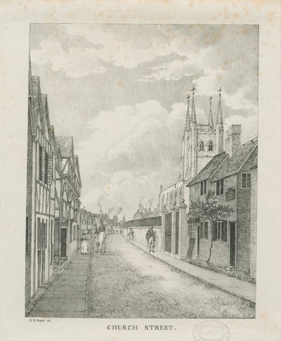 Tamworth - Kerkstraat: lithografie door Etienne Bruno Hamel