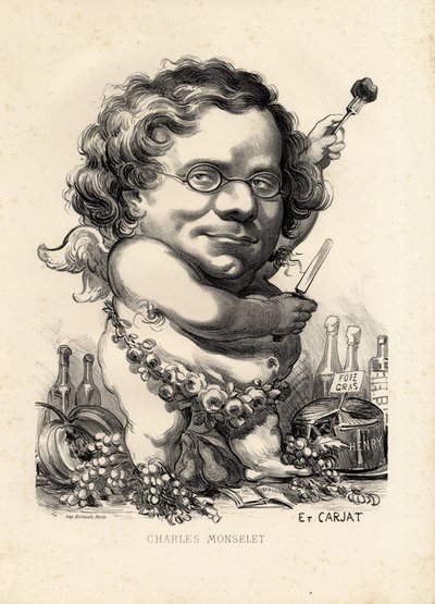Vliegend blad - Illustratie door Etienne Carjat (1826-1906): Obesitas, Foie gras - Monselet Charles (1825-1888) door Etienne Carjat