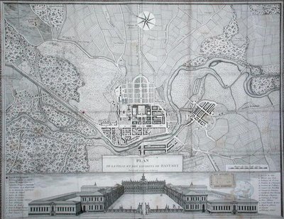 Kaart van de stad Rastadt, de omgeving en het Schloss door Etienne Claude Voysard